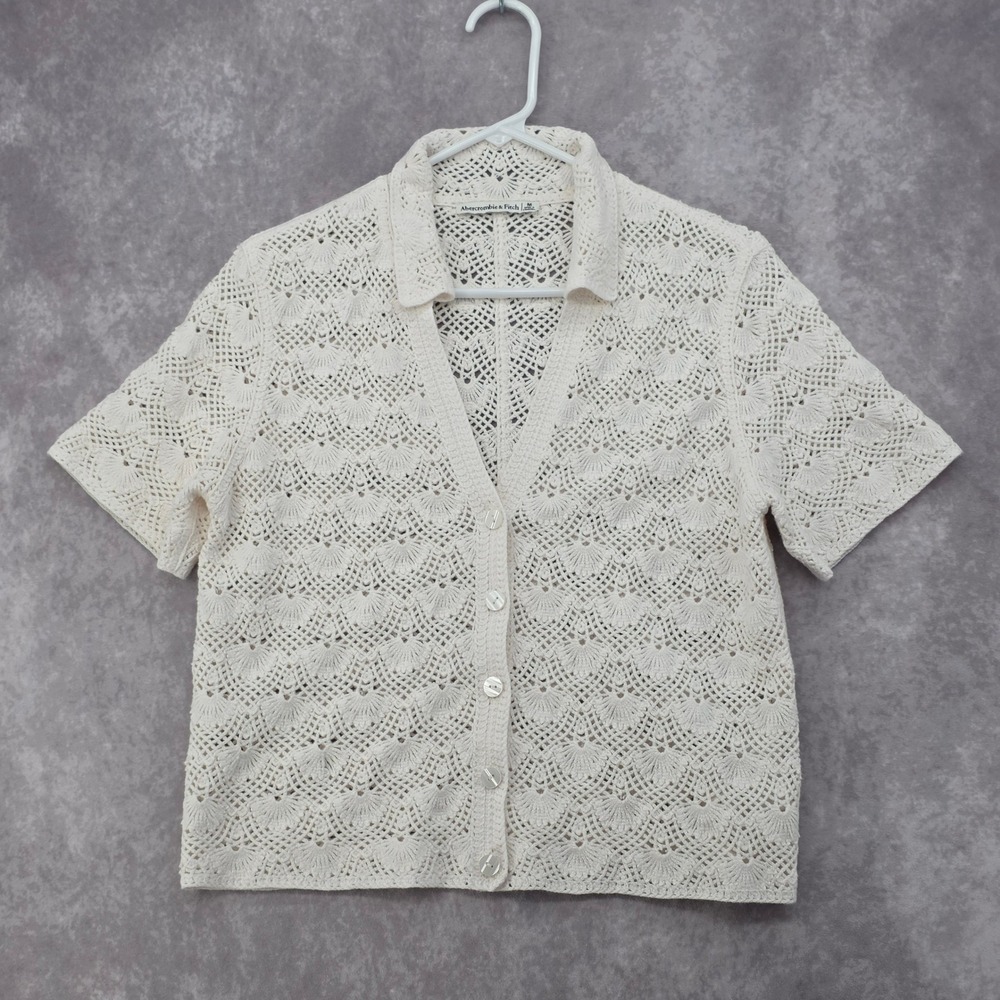 Abercrombie & Fitch Cream Crochet Knit Short Sleeve Cardigan Polo Sweater Medium